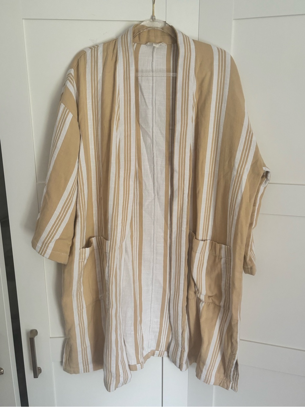 Eileen Fisher White and Tan Organic Cotton Striped Duster Lightweight Layer
